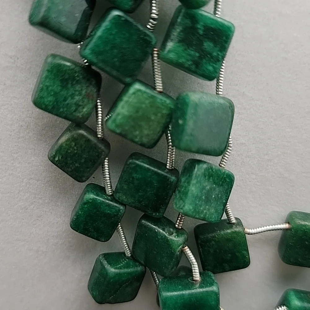 NWT Emerald Gemstone 3 Strand 493 Cts Square Cube Necklace Natural Adustable